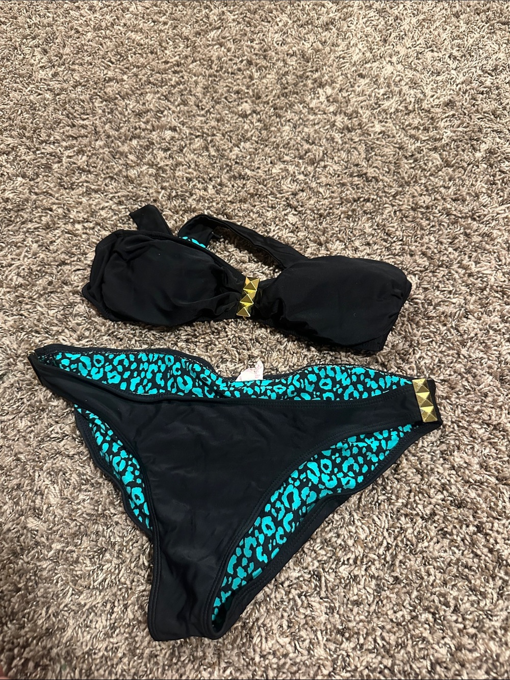 Xhilaration Black Bandeau Bikini with Teal Leopard Trim and Gold Studs